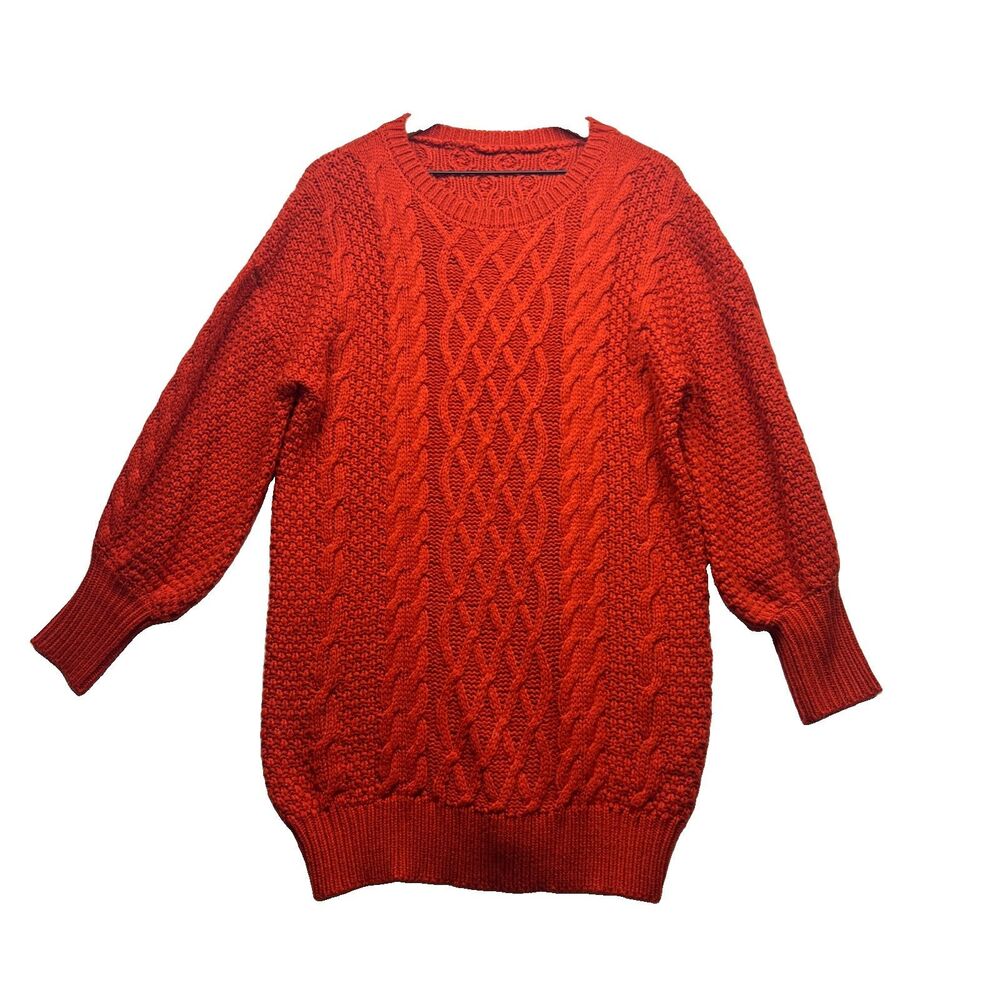VTG Cable Knit Sweater Womens M 10-12 Red Fisherman Classic USA Preppy Longline